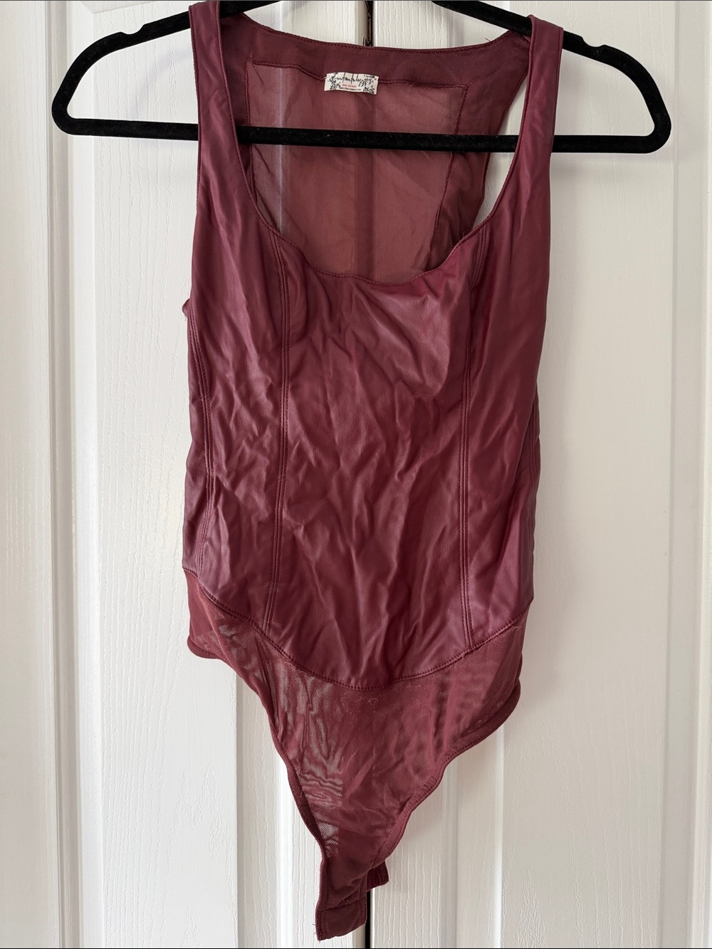 Women's Burgundy Sleeveless Faux-Leather Bodysuit
